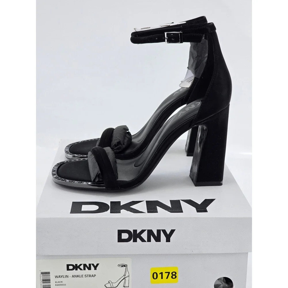 DKNY Waylin Ankle Strap Sandals Womens 7 Black Block Heel Studded - New